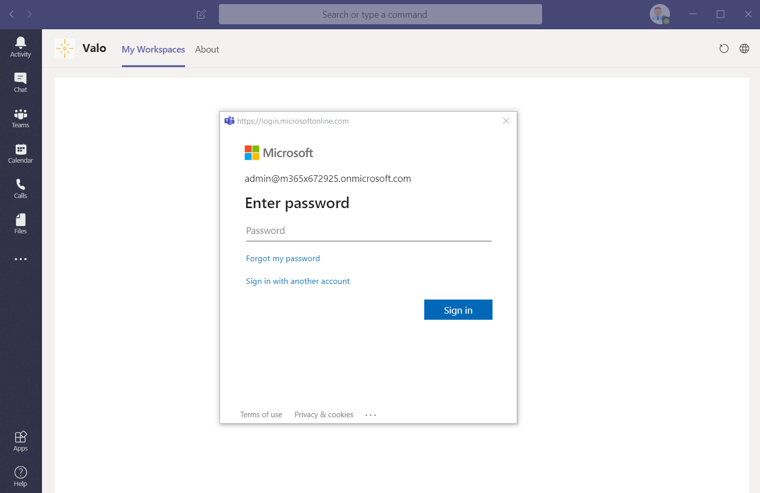 Login window for Teamwork authentication in Microsoft Teams