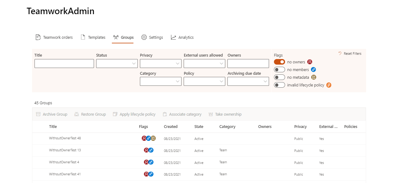 Filter groups without owners