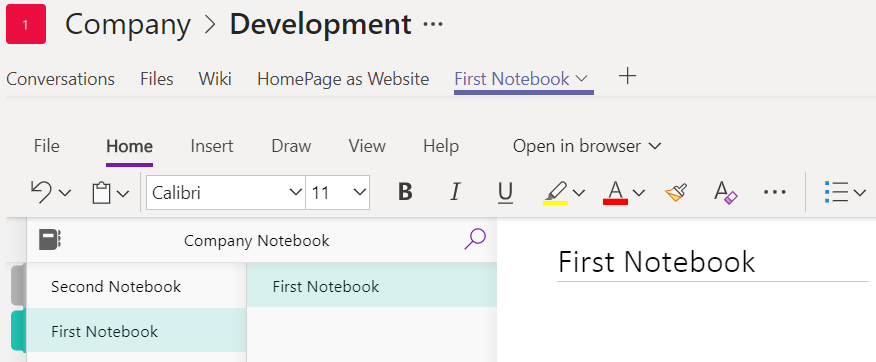 Example of a OneNote section