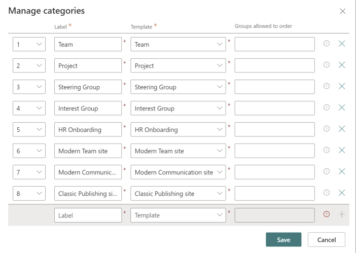 Teamwork Webpart settings Categories